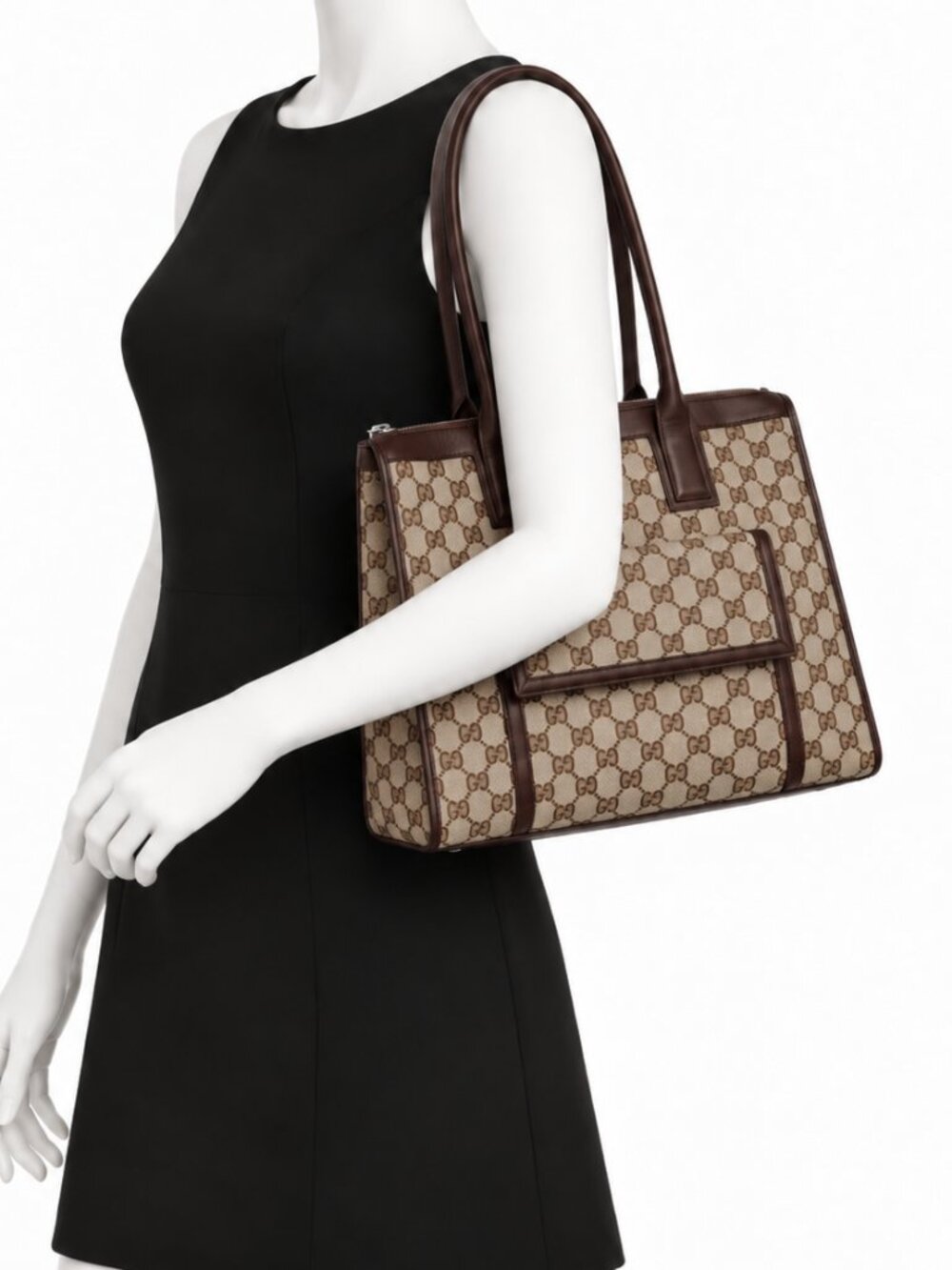 Vintage Gucci GG Monogram Canvas Leather Tote Shoulder Bag